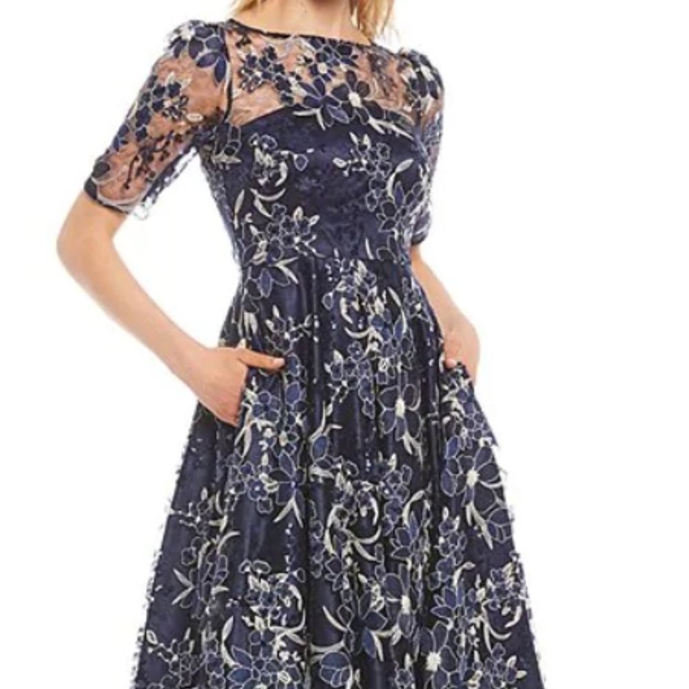 Illusion Boat Neck 3/4 Sleeve Embroidered Lace Midi Dress, Navy Blue, Size 10